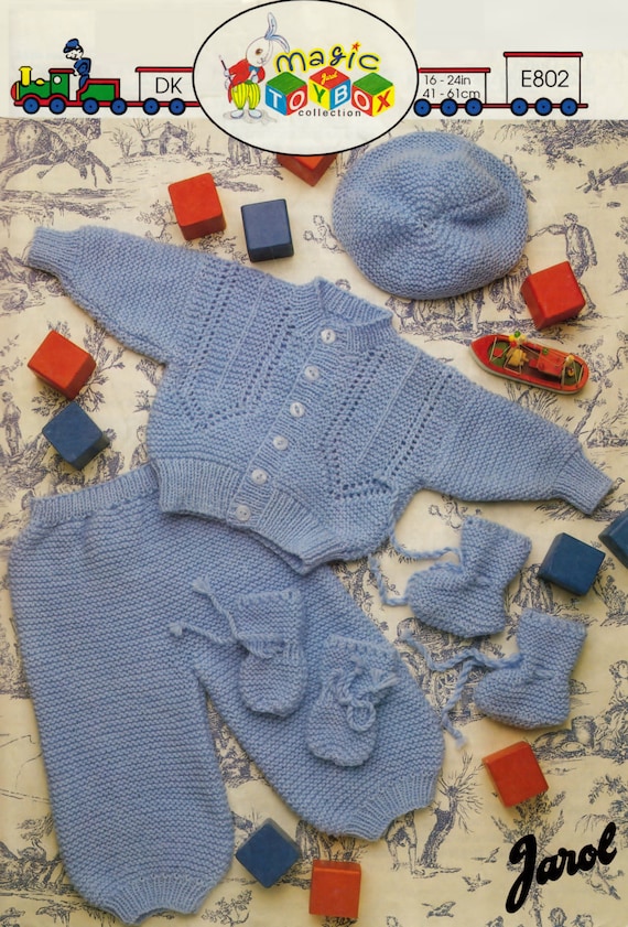 Baby Set Sweater Trousers Beret Scarf /& Mittens DK Knitting Pattern 17/" 22/"
