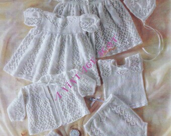 Baby 2ply Lace  Matinee Coat  Dress Bonnet and Bootees for size 0-3 months -  PDF of Vintage Style Baby Knitting Patterns