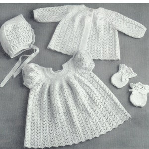 Baby 3ply Matinee Jacket Dress Bonnet & Bootees  16-18ins - Experienced knit - PDF of Vintage Knitting Pattern