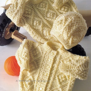 Baby / Toddler/ Child  Aran Sweater Cardigan  and Hat in  Aran / Worsted yarn for sizes 16 - 22 ins  -  PDF of a Vintage Knitting Pattern