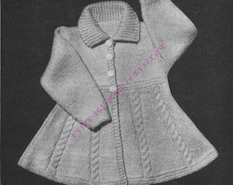 Girl's Flared Dress Coat in DK Light Worsted 8ply  With Cables; 3 Sizes 1 Yr / 1 .5Yrs / 2 rs - PDF of a Vintage Knitting Pattern