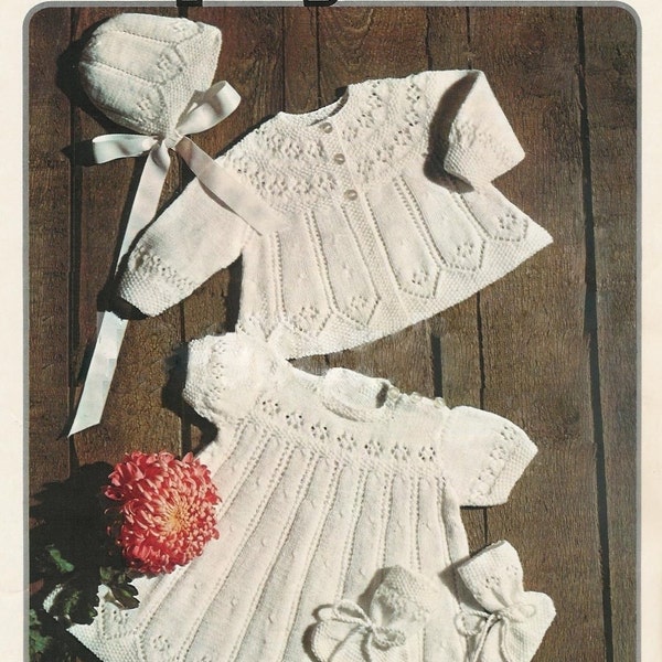 Baby 3ply Matinee Jacket Dress Bonnet & Bootees 18 ins - Copley 9066 -PDF of Vintage Knitting Patterns Instant Download