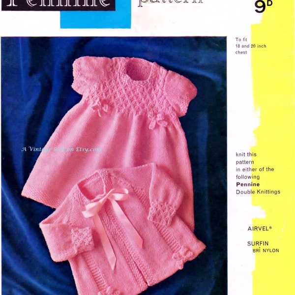 Baby Dk 8ply Light Worsted Matinee Jacket & Dress for sizes 18 and 20 ins - Pen 429 - PDF of Vintage Style Baby Knitting Patterns