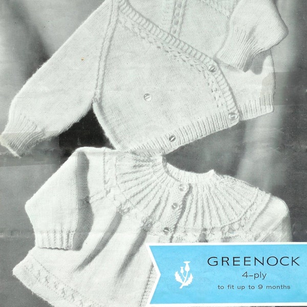 Baby 4ply Matinee Jacket and Crossover Cardigan for ages up to 9 months - Greenock 813 - PDF of Vintage Baby Knitting Patterns