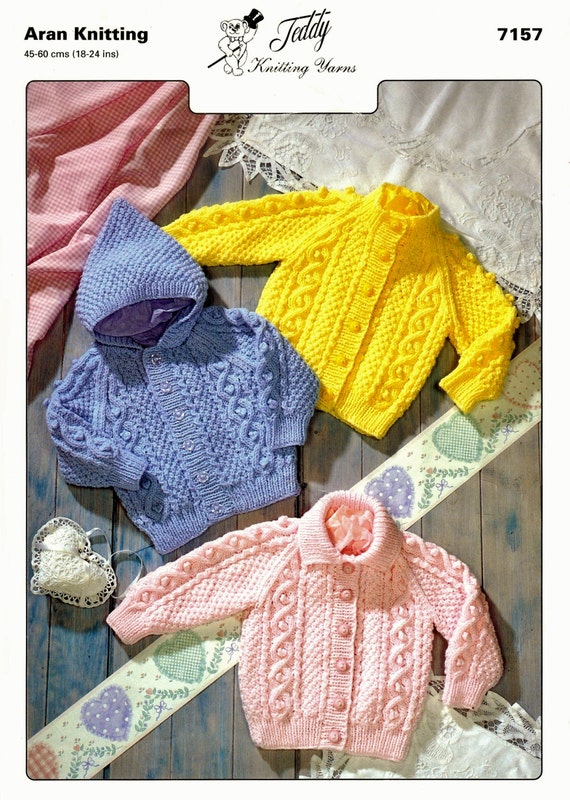 Baby Children S Aran 10 Ply Hooded Jacket And 2 Jackets Sizes 18 24 Ins Teddy 7157 Pdf Of Vintage Knitting Patterns
