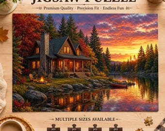 Cozy Cabin Lake Jigsaw Puzzle, Rustic Mountain Retreat Landscape Puzzle, Nature Lodge Home Decor, Scenery Puzzle, Gift for Cabin Lovers