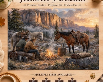 Cowboy Campfire Jigsaw Puzzle, Western Mountain Adventure Scene Puzzle, Rustic Wilderness Decor, Gift for Cowboy Lovers, Puzzle Lover Gift