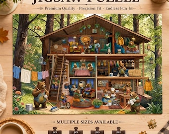 Bear Family Cabin Jigsaw Puzzle, Woodland Animal Cottage Scene Puzzle, Cozy Forest Home Decor, Gift for Animal Lovers, Funny Teens Gift