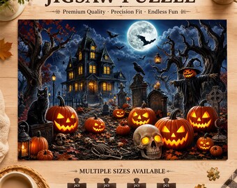 Halloween Haunted House Jigsaw Puzzle, Spooky Pumpkin Night Scene Puzzle, Gothic Horror Home Decor, Gift for Halloween Lover, Halloween Gift