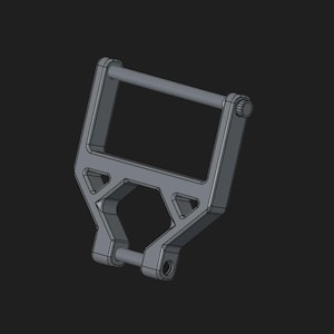 Puede incluir: Un objeto metálico gris geométrico con una barra superior rectangular y una abertura hexagonal. El diseño presenta soportes angulados y pasadores cilíndricos, sobre un fondo oscuro. El objeto parece ser un componente mecánico.