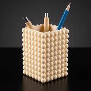 Portalápices impreso en 3D / Organizador de escritorio con textura de burbujas táctiles (Crema)