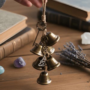 May include: A cluster of small, antique brass bells suspended from a natural twine cord. The bells are adorned with decorative charms, including a key, a pentagram, and a Celtic knot. The background includes vintage books, crystals, and a bundle of lavender.