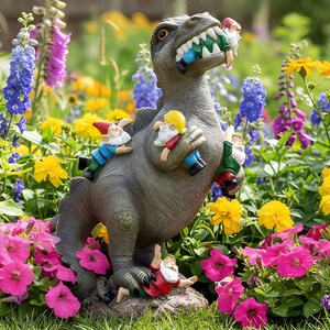 May include: A whimsical garden statue of a gray dinosaur with a menacing grin, holding and surrounded by colorful garden gnomes. The statue is set amidst a vibrant flower garden with pink, yellow, and blue blooms.