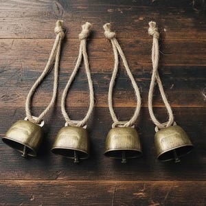 May include: Four antique brass bells with jute rope hangers are arranged on a dark wood surface. The bells have a classic shape and a weathered finish, suggesting age and rustic charm. The rope is knotted at the top for hanging.