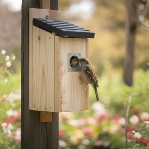 Könnte beinhalten: Ein hölzernes Vogelhaus mit schwarzem Dach und quadratischem Eingang. Ein kleiner brauner Vogel füttert ein Junges im Inneren. Das Vogelhaus ist an einem Holzpfosten befestigt, mit einem verschwommenen Hintergrund aus Grün und Blumen.