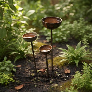 Rain Catcher Stakes Set of 3 Garden Bee Bath Bowls,Rust Metal Bird and Pollinator Water Bowl Outdoor Decor,Zen Garden Style