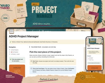 ADHD Project Manager Notion Template: Project Tracker, Next Steps and Weekly Review