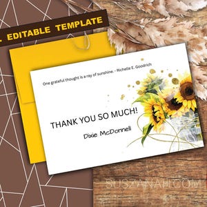 Sunflower Thank You Card Printable Template, Editable Sunflower Thank You Card, 4 x 6 Instant Download Thank You Card, Floral Thanks Note