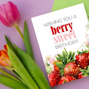 Cartão de aniversário digital para impressão com tema de jardim e morango, com estampa floral de frutas vermelhas, para usar em casa, cartão de feliz aniversário para ela
