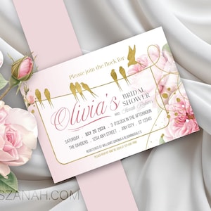 Editable Floral Bridal Shower Invite, Digital Editable Bridal Shower Invitation, Bridal Shower Pink Roses and Gold, Invitation with Template