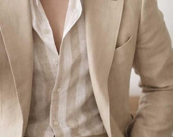 Men's Beige Linen Suit Set - 2 Piece Summer Linen Blazer and Trousers - Lightweight Breathable Suit for Wedding Guest, Beach, Prom