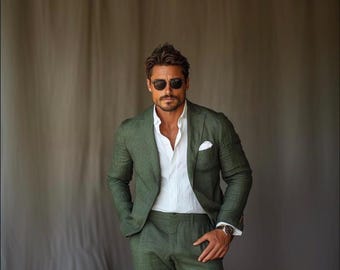 メンズ オリーブグリーン リネン スーツ：男性用ツーピース リラックスフィット テーラードスーツ