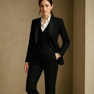 Puede incluir: Un traje negro de tres piezas con una camisa blanca con cuello. El traje incluye una americana, un chaleco y un pantalón. La americana tiene solapas de satén. La mujer está de pie con una mano en el bolsillo.