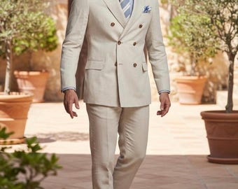 Beige men’s Linen Double-Breasted Suit, for wedding slim fit suit