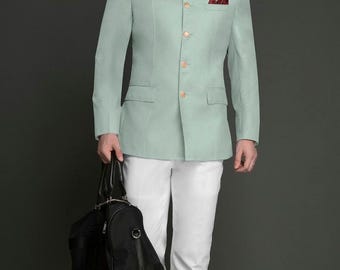 Traje Jodhpuri de boda indio para hombre: Abrigo Bandhgala para hombre, conjunto de diseñador verde liso hecho por (THE TAILORED STITCH usa)