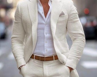Linen white Blend 2-Piece Suit: Men's Wedding Groom Attire