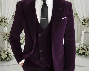 Mens 3 piece velvet suit : purple notch lapel tuxido, for groom