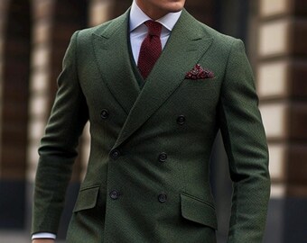 Traje clásico de hombre verde de doble botonadura, corte entallado, costuras a medida, fabricado en EE. UU.