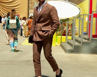 Traje cruzado de lino marrón para hombre, para novio, para graduación.