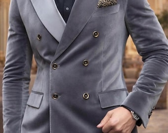Grijs fluwelen double-breasted pak, formele bruiloftskleding voor heren