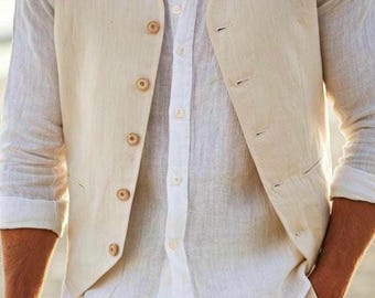 Beige Leinen Weste und Hose für Männer: Sommer-Strandanzug