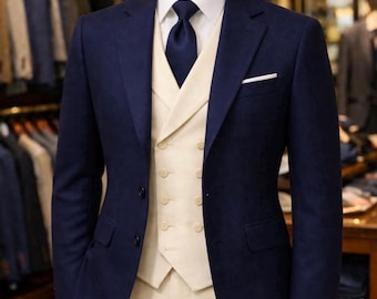 Eleganter Herren-Dreiteiler in Marineblau und Elfenbein | Maßgeschneidertes Hochzeitsoutfit