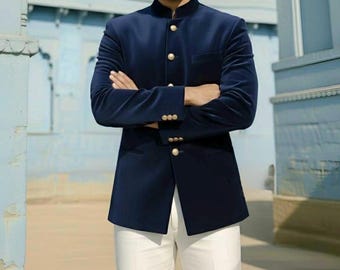 Costume jodhpuri bleu en velours : veste bandhgala faite main pour homme