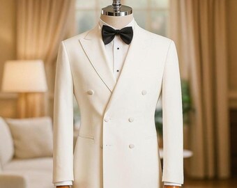 Off White Double Breasted Tuxedo Men | Slim Fit Groom Wedding Suit |Peak Lapel Formal