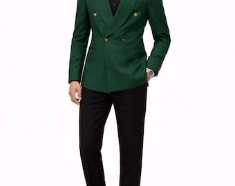 Emerald Green Double Breasted Suit, Peak Lapel Tuxedo, Terry Rayon Fabric