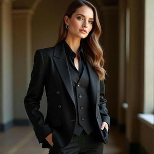 Puede incluir: Un traje negro de tres piezas, que incluye una americana cruzada, un chaleco y un pantalón. El traje se lleva con una camisa negra con cuello. La persona está de pie en un pasillo bien iluminado. El traje es de estilo clásico y a medida.