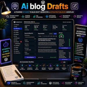 Pu&ograve; includere: Un laptop mostra un'interfaccia di generatore di bozze di blog AI con grafici e dati. Uno smartphone mostra "Keyword in. AI writes. You publish. Grow fast." Una tazza di caff&egrave; dice "Less manual work. Write smarter. Grow faster."