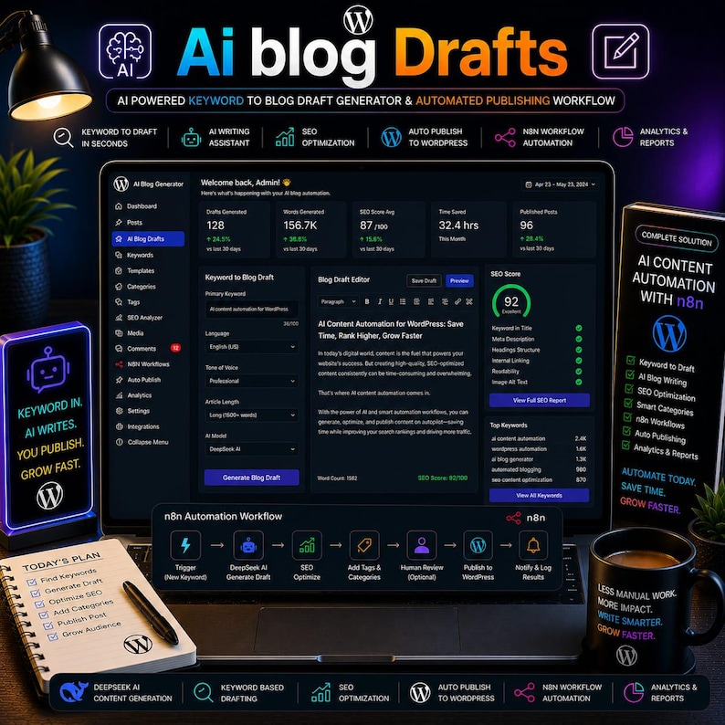 Pu&ograve; includere: Un laptop mostra un'interfaccia di generatore di bozze di blog AI con grafici e dati. Uno smartphone mostra "Keyword in. AI writes. You publish. Grow fast." Una tazza di caff&egrave; dice "Less manual work. Write smarter. Grow faster."