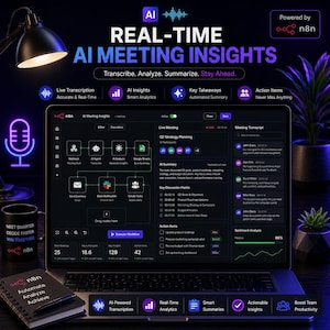 Könnte beinhalten: Ein Laptop zeigt "REAL-TIME AI MEETING INSIGHTS" mit Funktionen wie Live-Transkription und intelligenten Zusammenfassungen. Eine Kaffeetasse und ein Notizbuch befinden sich im Vordergrund. Auf der Tasse steht "MEET SMARTER DECIDE FASTER WIN TOGETHER".