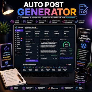 Puede incluir: Un gr&aacute;fico de marketing digital con el texto "AUTO POST GENERATOR" y "AI POWERED BLOG WRITING & CONTENT AUTOMATION FOR WORDPRESS." La imagen incluye un port&aacute;til, un smartphone, un bloc de notas y una taza. El tema es la automatizaci&oacute;n de blogs con IA.