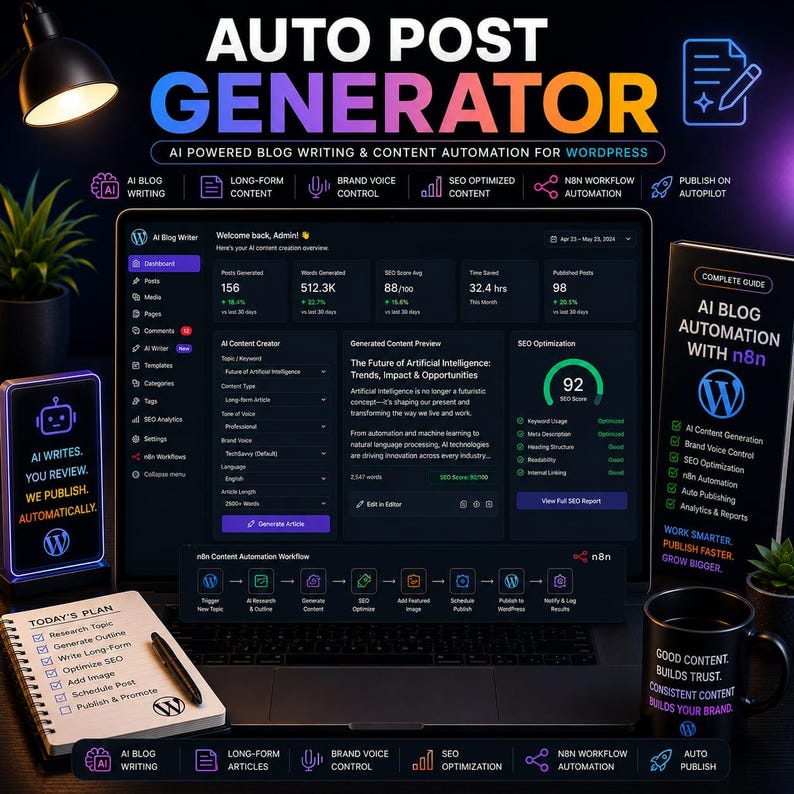 Puede incluir: Un gr&aacute;fico de marketing digital con el texto "AUTO POST GENERATOR" y "AI POWERED BLOG WRITING & CONTENT AUTOMATION FOR WORDPRESS." La imagen incluye un port&aacute;til, un smartphone, un bloc de notas y una taza. El tema es la automatizaci&oacute;n de blogs con IA.