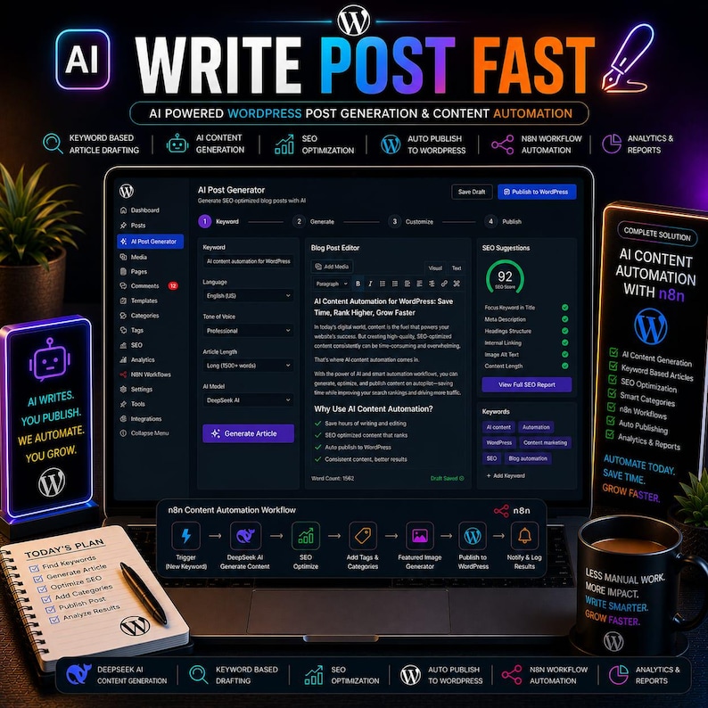 Pu&ograve; includere: Una grafica di marketing digitale con il testo "WRITE POST FAST" e "AI POWERED WORDPRESS POST GENERATION & CONTENT AUTOMATION". L'immagine include un laptop, uno smartphone, una tazza da caff&egrave; e un blocco note.