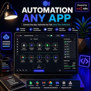 May include: A laptop displays a software interface with the text "AUTOMATION ANY APP." The interface shows workflow diagrams and app integrations. The image includes a coffee mug, a notebook, and a plant, all under a desk lamp.