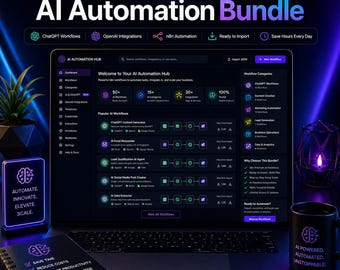 May include: A laptop screen displays an AI Automation Hub dashboard with workflow categories, including ChatGPT and n8n integrations. The interface features a dark theme with purple accents, surrounded by a notebook, a mug, and a glowing sign.