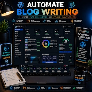 Pode incluir: Um gráfico de marketing digital com o texto "AUTOMATE BLOG WRITING". A imagem apresenta um laptop exibindo dados, um smartphone, uma caneca e um livro. O texto destaca a criação de conteúdo de IA, categorização automática e otimização de SEO.