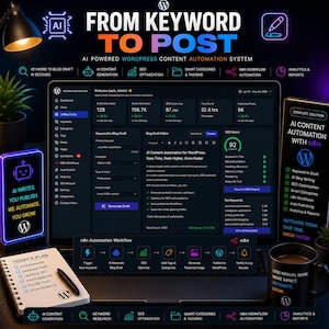 Pu&ograve; includere: Grafica digitale che promuove un sistema di automazione dei contenuti WordPress basato sull'IA. L'immagine presenta un laptop che mostra una dashboard, uno smartphone e un blocco note. Il testo recita "FROM KEYWORD TO POST" e "AI CONTENT AUTOMATION".